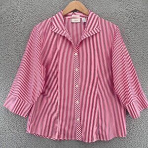Chicos Shirt Womens 3 US Extra Large Red White Striped No Iron Button Up Collar